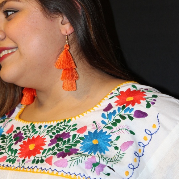 Three Layered Orange Tassel Earrings - Picture 4 of 5